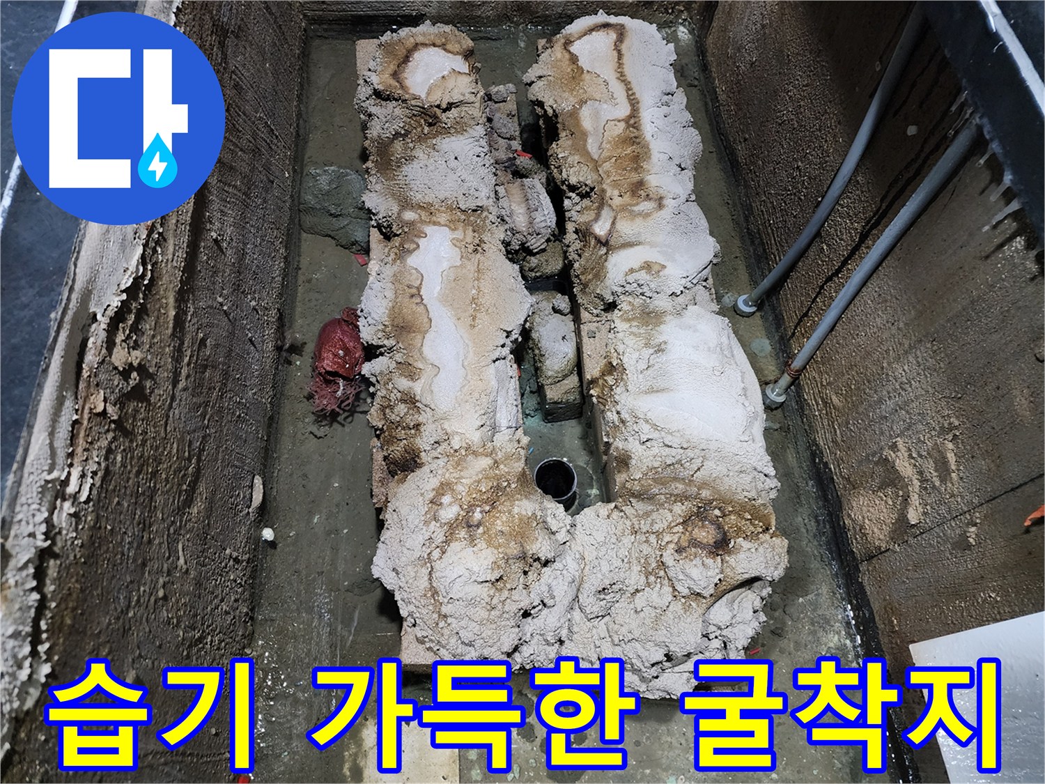 배관 주변의 습기와 오염된 단열재가 보이는 모습입니다.