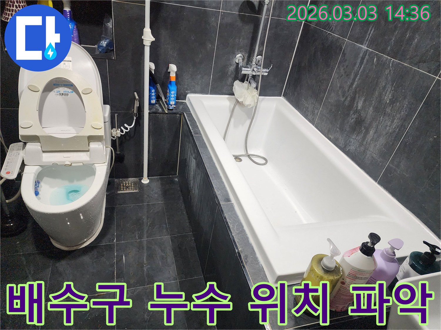 파주 적성면 욕실 배수구에서 발생한 누수를-정확한 위치 파악 후-보수하는 현장입니다