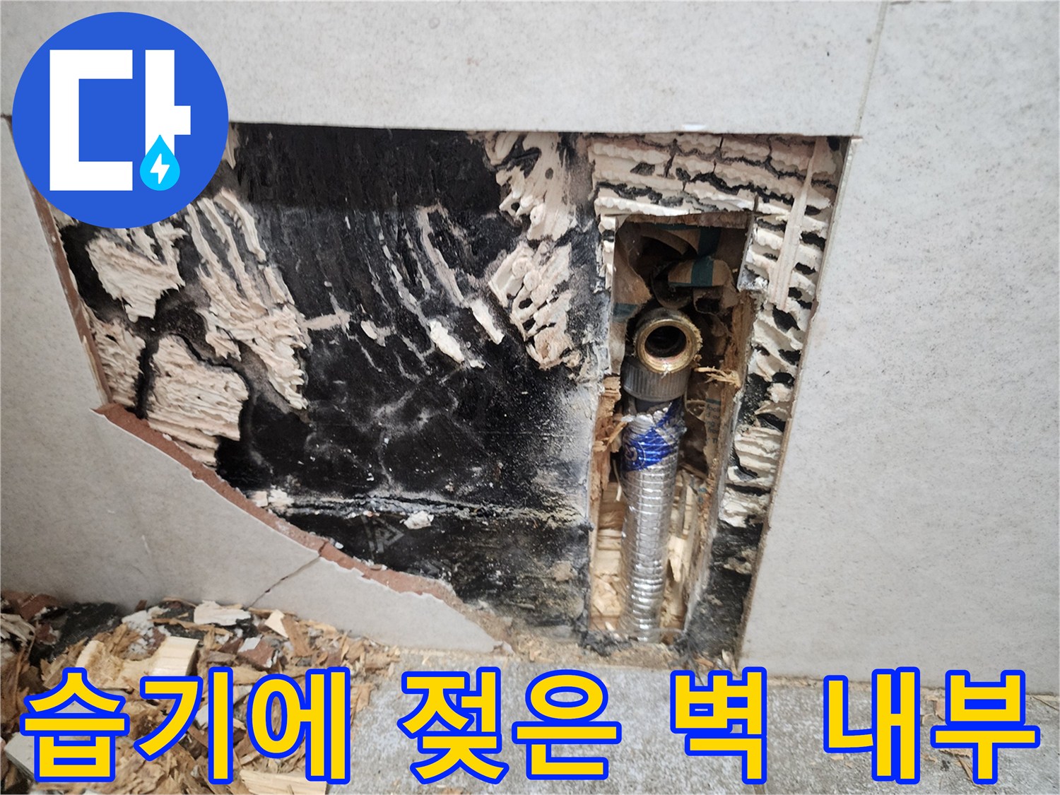 배관 주위의 검게 변한 벽면과 습기 머금은 타일 파편