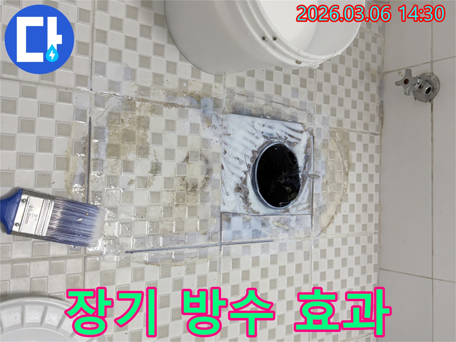 욕실 바닥의 타일 틈새와 배수구 주변에 고성능 방수액을 덧칠하여 장기적인 누수 방지 효과를 제공하는 작업