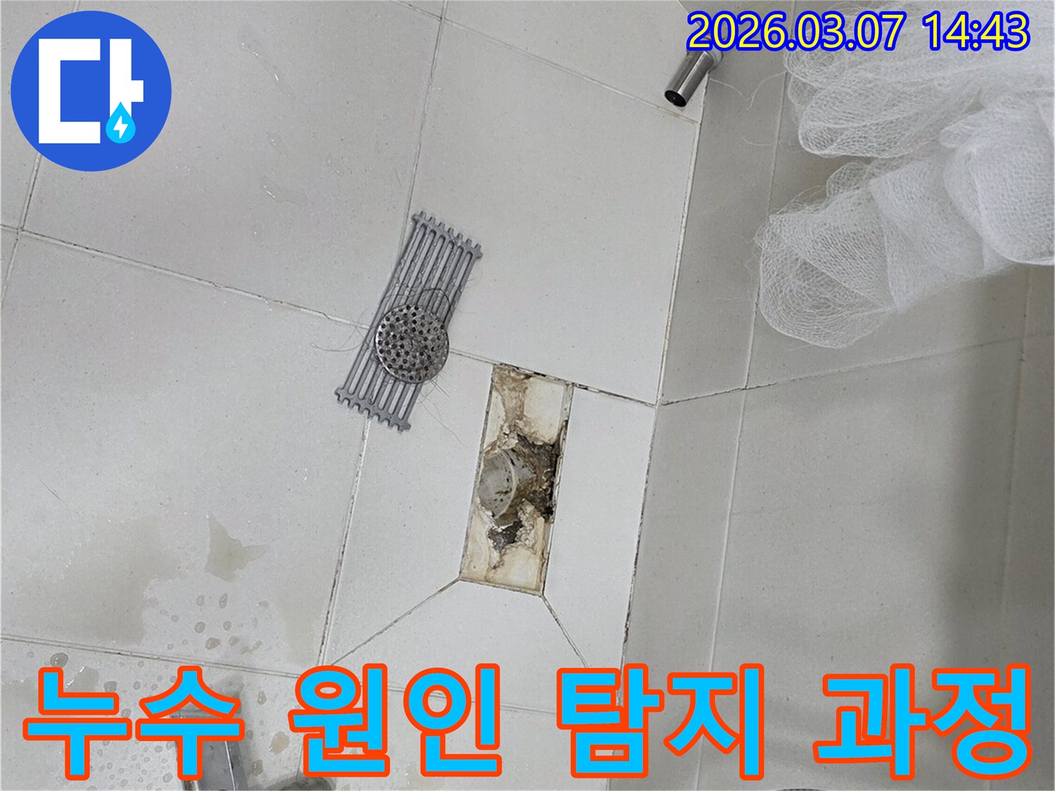 타일 아래에-물이 고여있어-시멘트가 부식된-누수 현장의-일부입니다