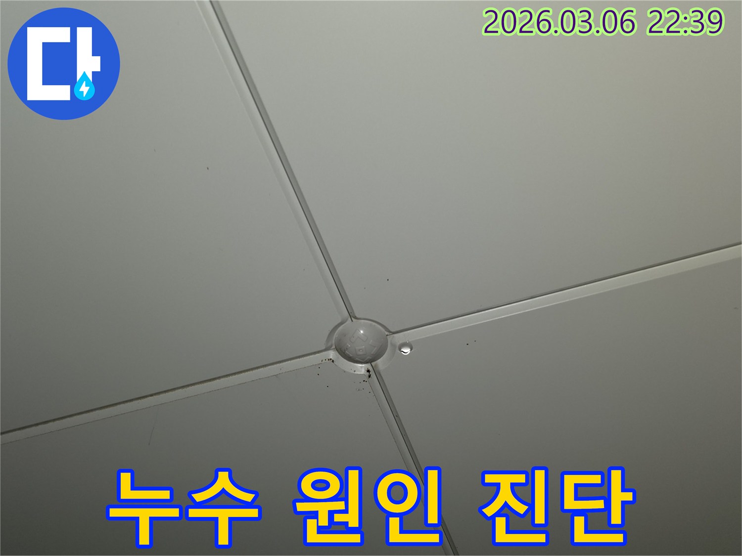 천장 마감재 교차점에서-물방울이 형성되어-떨어지기 직전의-누수 발생 현장