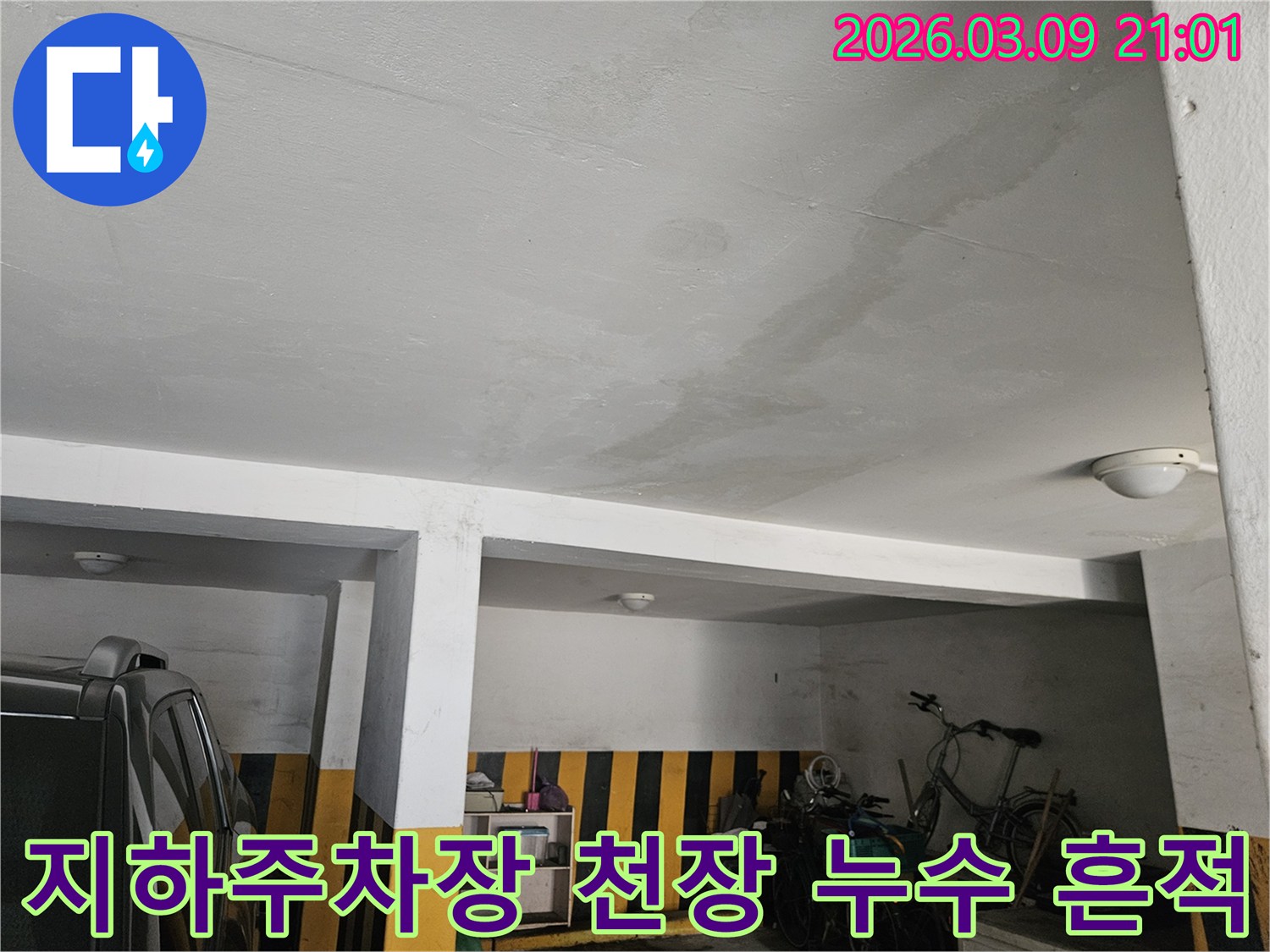 지하 주차장 콘크리트 천장에 물이 새어 생긴 얼룩-누수 전문가의 진단이 시급합니다