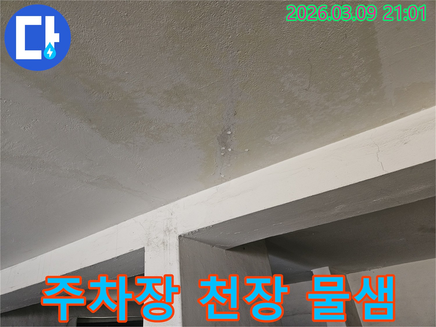 지하 주차장-콘크리트 천장에서-물이 새어-얼룩지고-물방울이 맺힌-누수 현장-사진입니다.