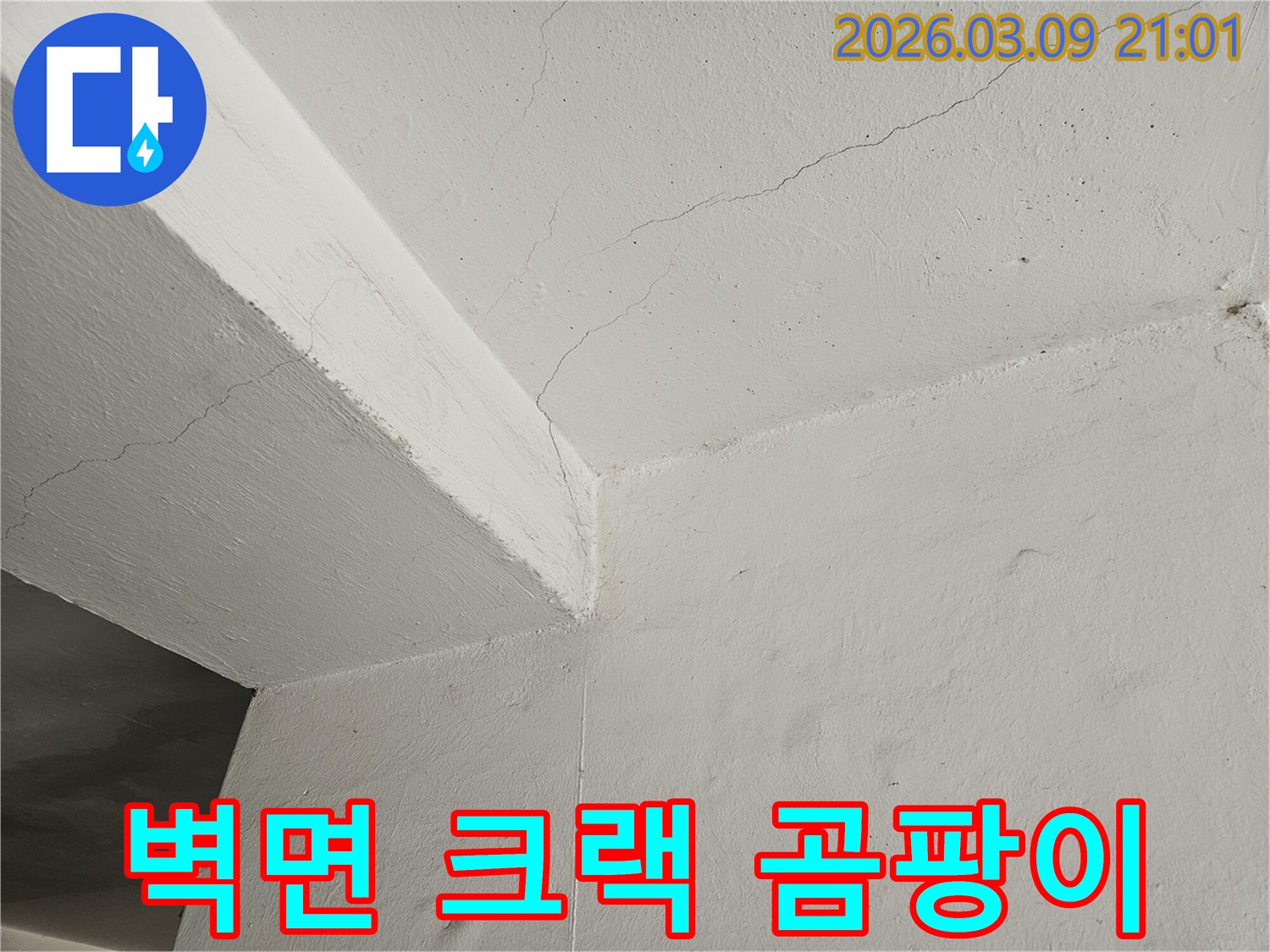 천장과-벽면의-모서리-부분에-발생한-균열을-통해-곰팡이-문제를-파악하는-현장-사진입니다