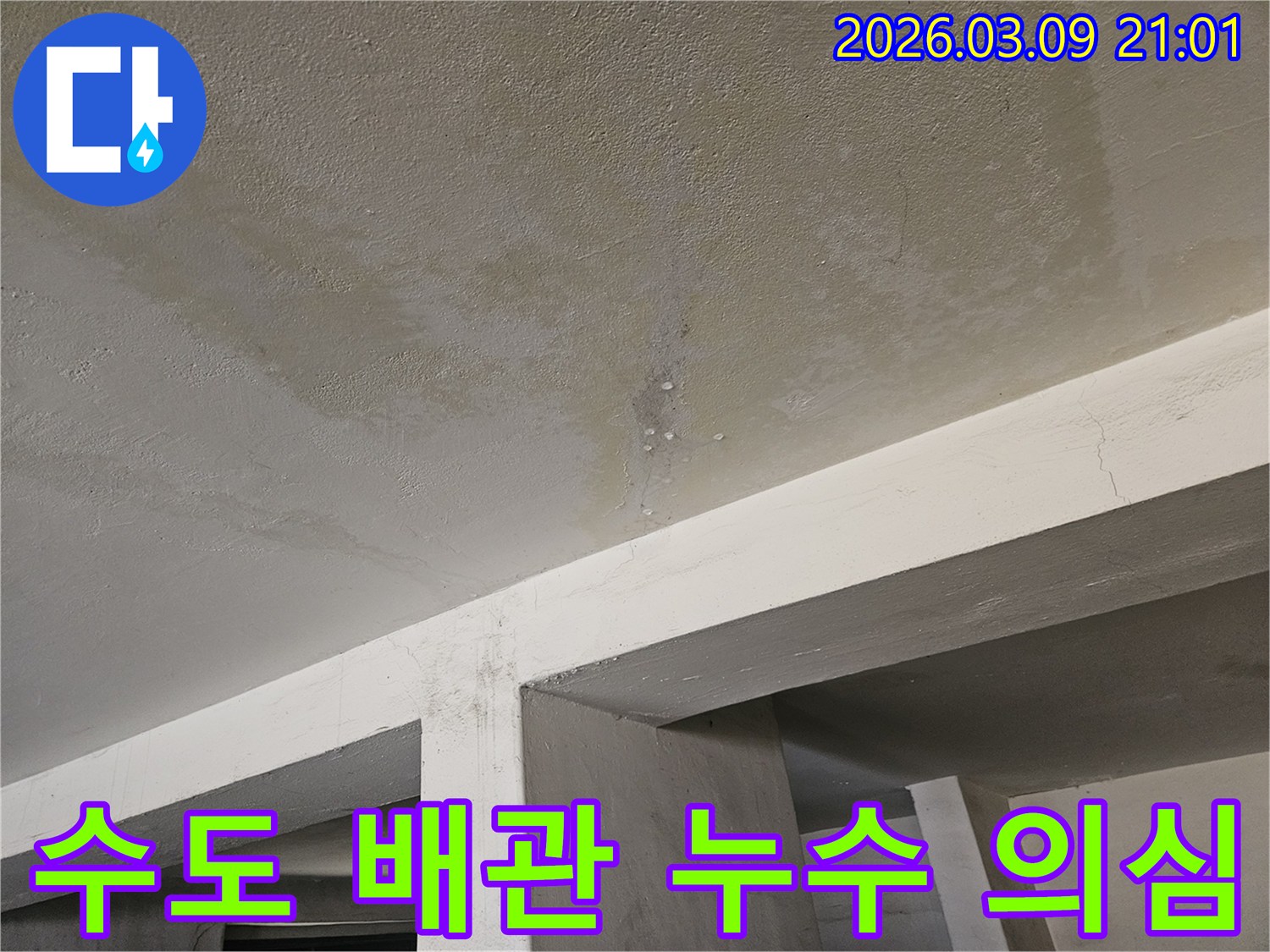 콘크리트 천장에서-물이 새어-얼룩지고-물방울이 맺힌-누수 현장을-수도 배관-문제로-추정하여-확인하는-모습입니다.