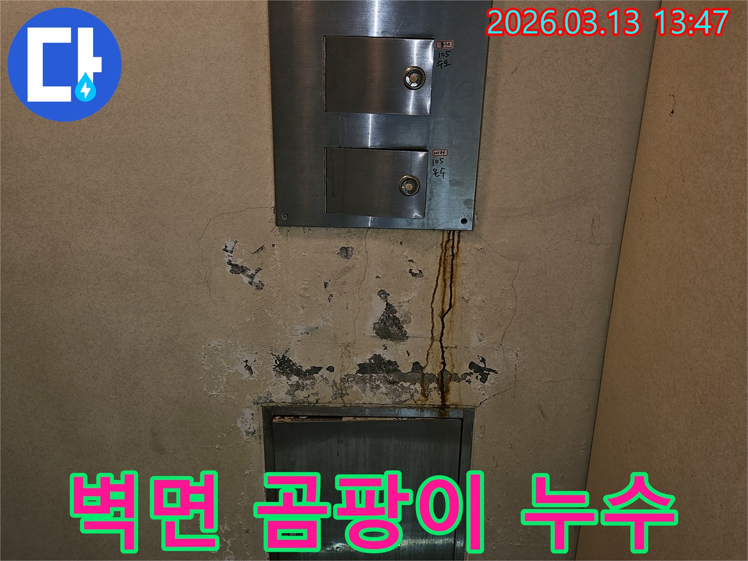 벽면에 번진 곰팡이와-오래된 물자국-누수 발생 지역