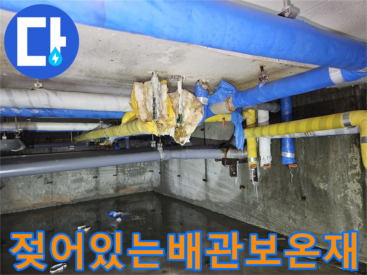 습기에-젖은-배관-보온재와-천장-바닥-고인-물