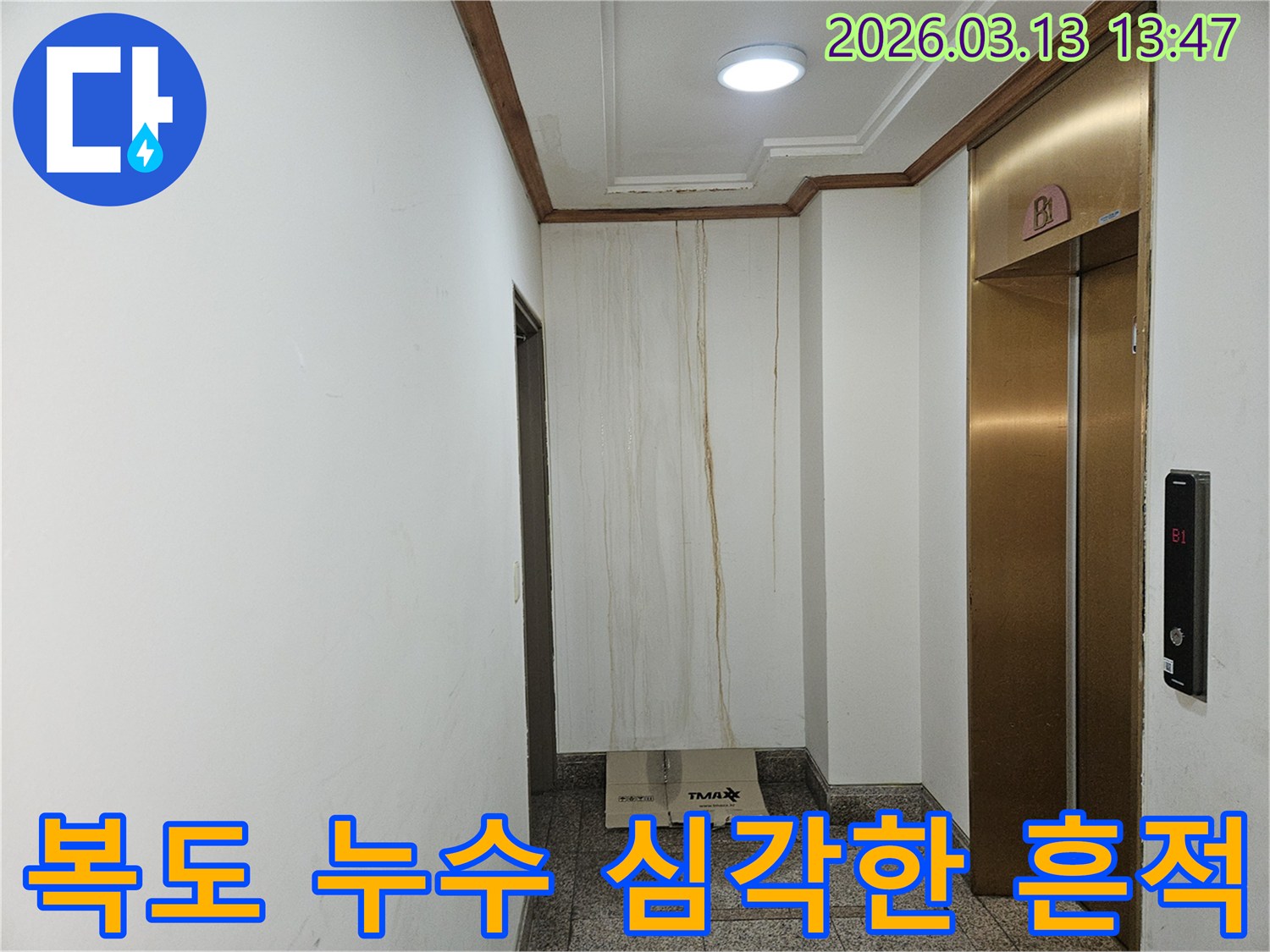 이 이미지는 아파트 복도 벽면에 발생한 심각한 누수 흔적을 보여줍니다-천장에서부터 아래로 길게 이어진 물자국이 명확하게 보입니다