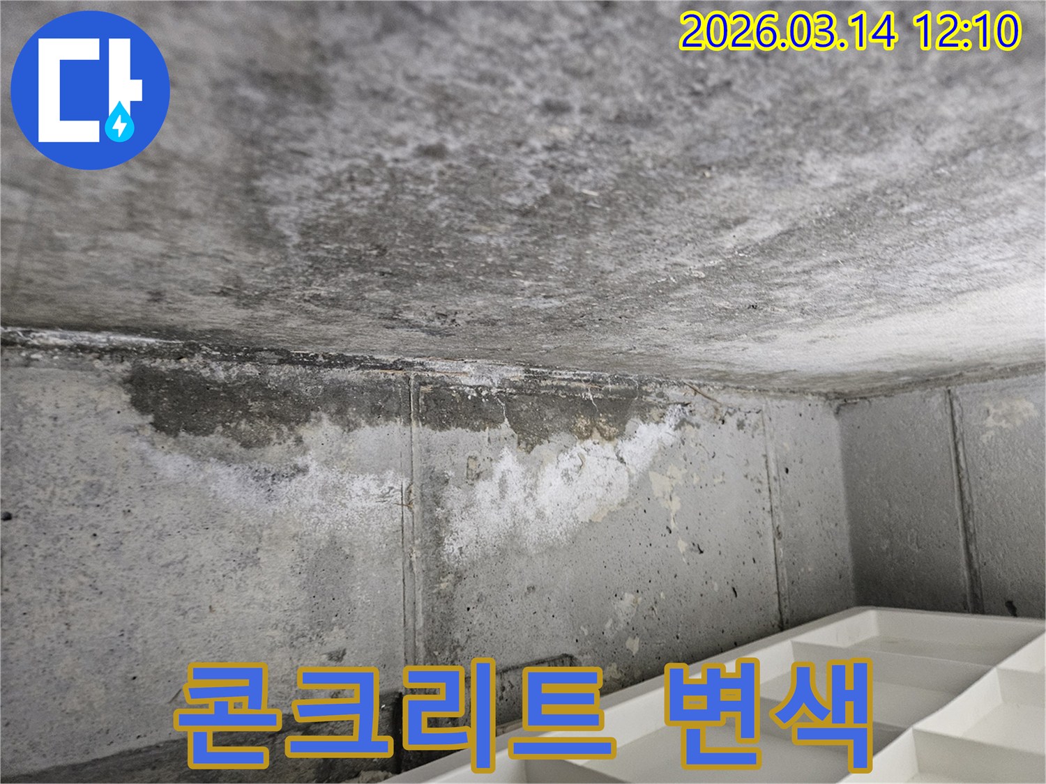 콘크리트-천장과-벽면-경계에서-발생한-냉수-누수로-인한-변색과-습기-침투