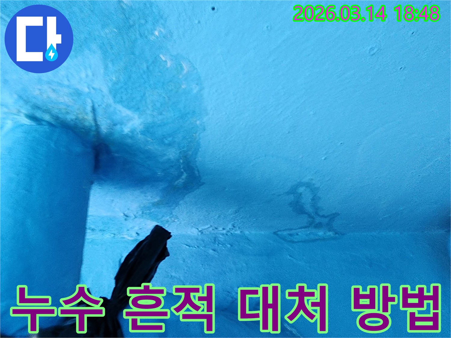 파란색-천장-일부에-물에-젖어-변색되고-페인트가-손상된-누수-현장-사진입니다