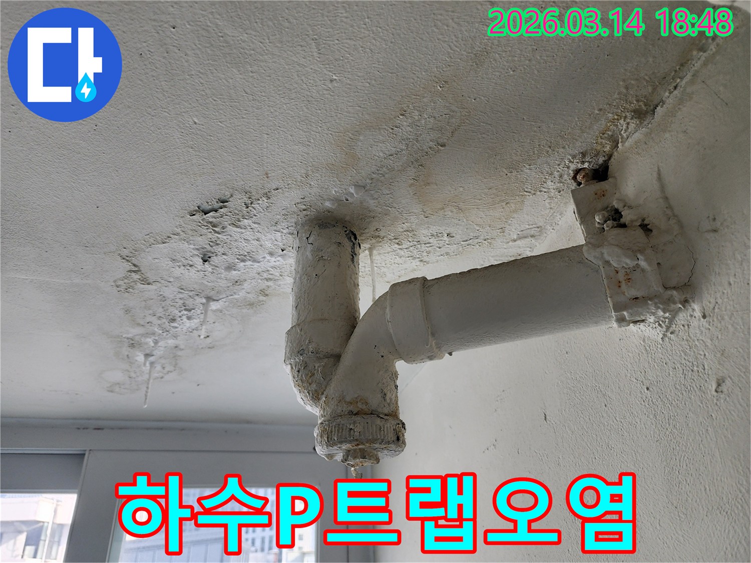하수-P트랩-배관에서-오염된-물이-새어-나와-위생적으로-문제가-되는-현장