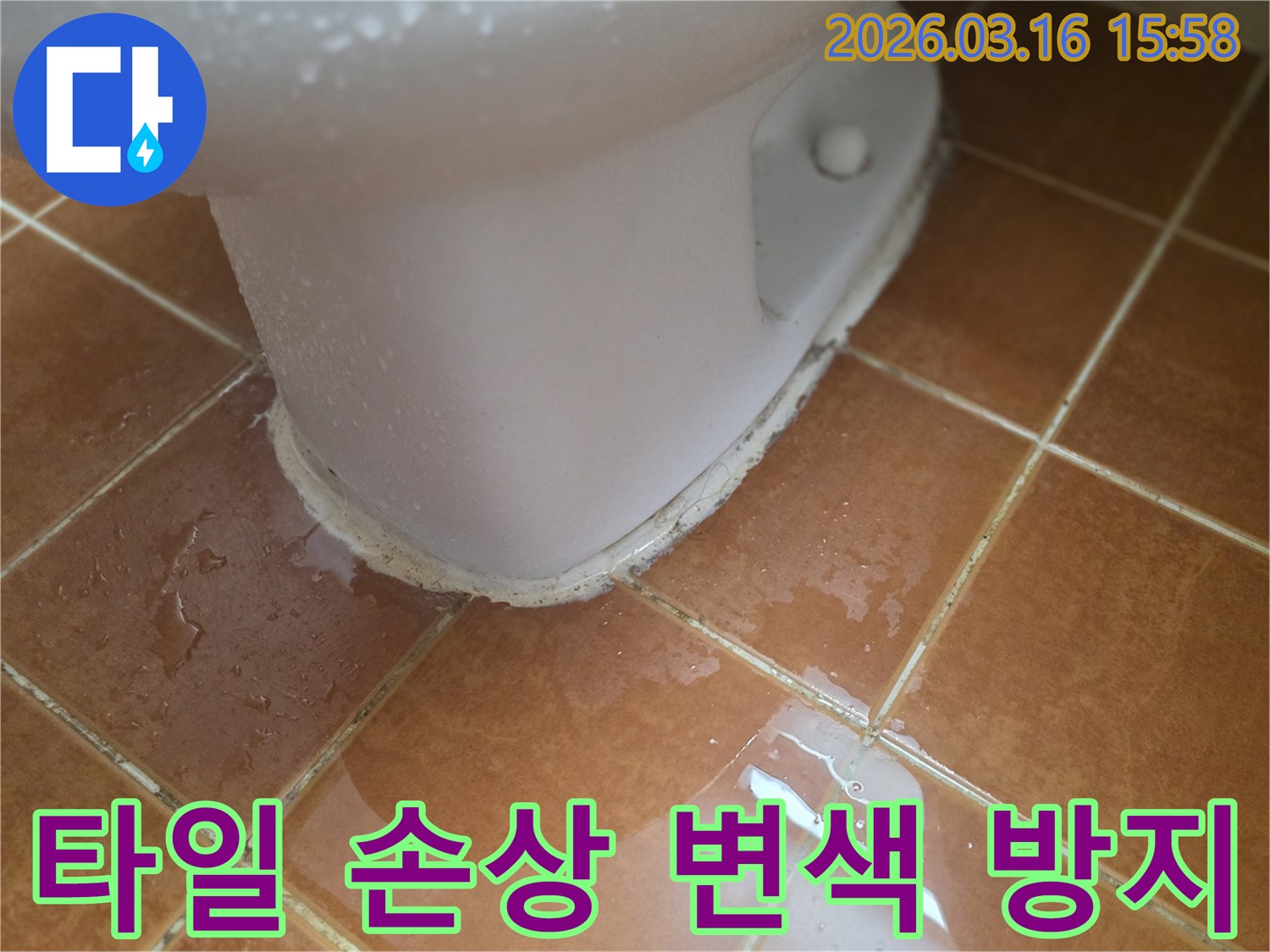 오래된 변기 실리콘 틈새로-물이 스며들어-타일 줄눈에 스며든 상황입니다