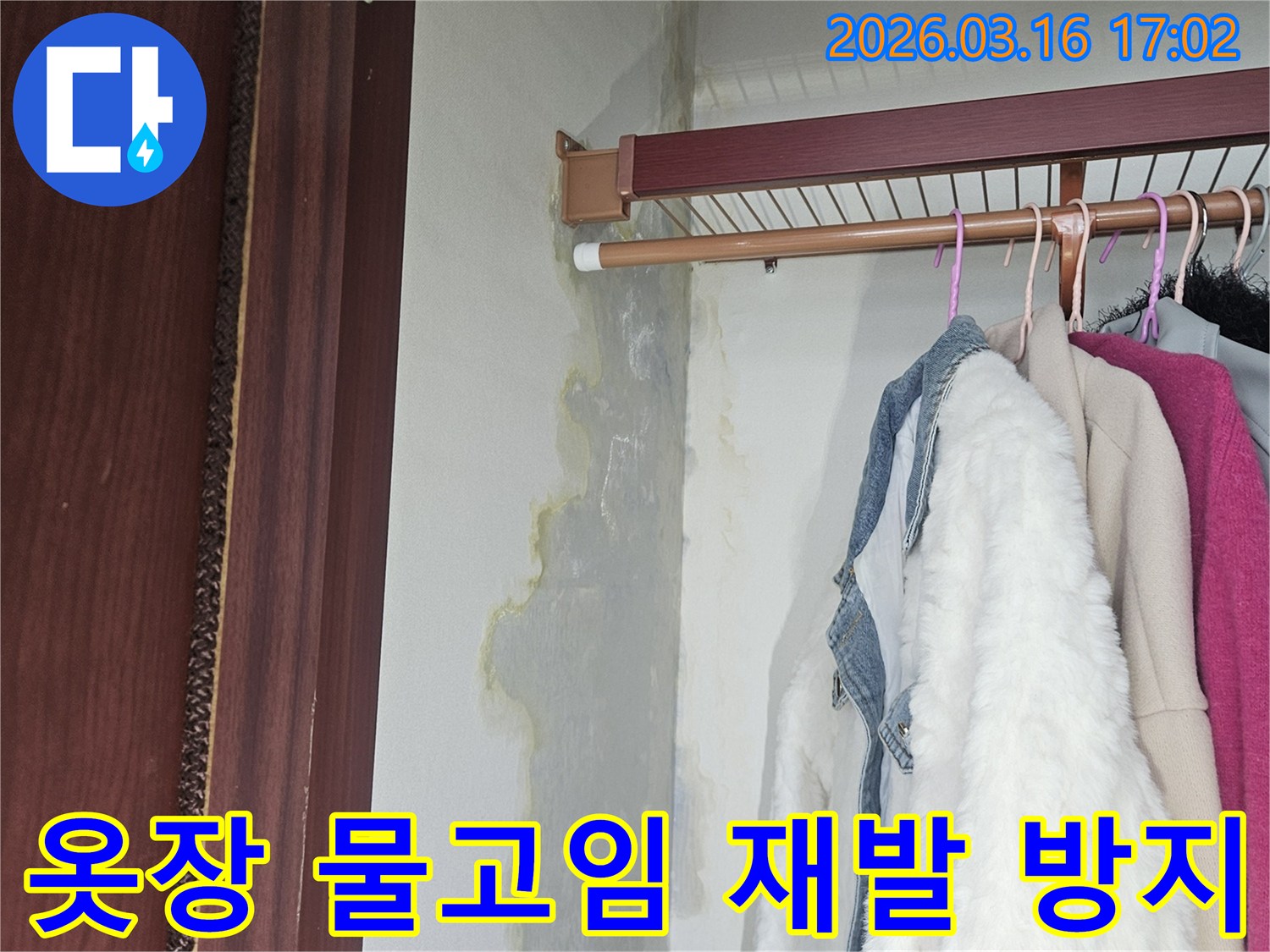 옷장 바닥에 물이 고여 있고-벽면 하단에도 누수로 인한 물기가 스며들어 변색된 모습