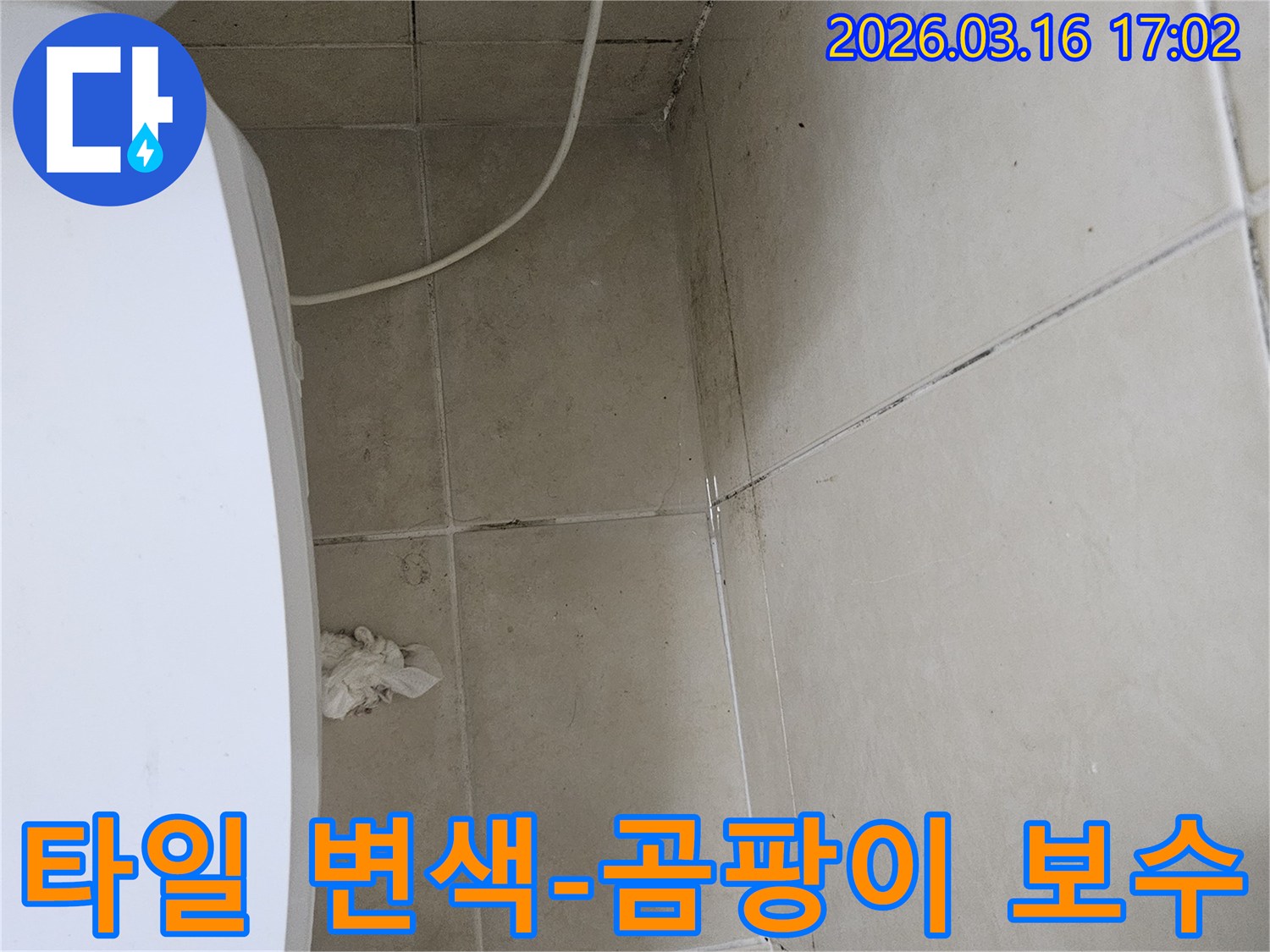 천장과 벽면 타일의 변색과 함께 검은 곰팡이가 넓게 퍼져있는 모습입니다-이는 누수로 인한 습기 축적의 명확한 증거입니다