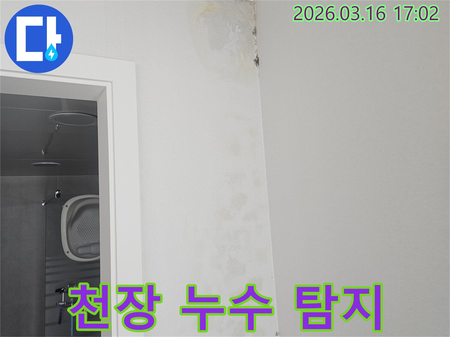 천장과 벽이 만나는-모서리 부분에-누수로 인한-물자국과 곰팡이가-보이는 것을-정밀하게 탐지하는 현장 사진입니다.