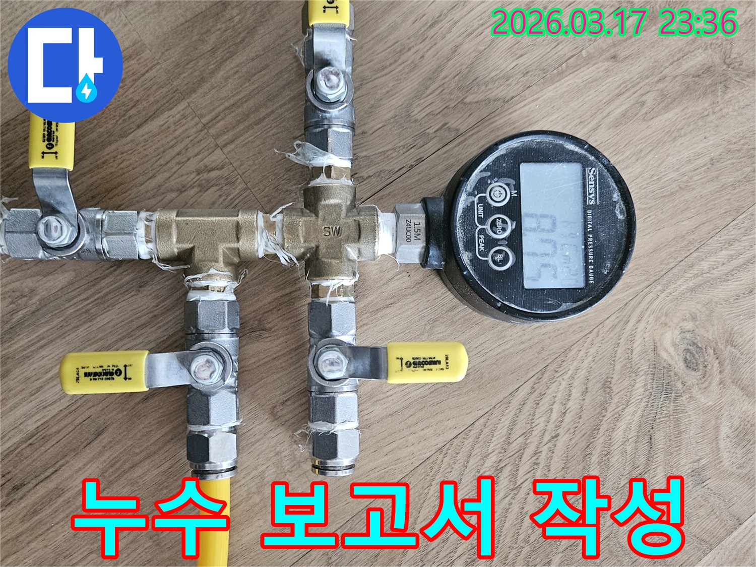 누수 엔지니어가-배관에 압력을 가하여-미세한 누수 지점을-정확히 찾아내는-첨단 장비로-상세 보고서 작성을 위한 데이터를 수집합니다.
