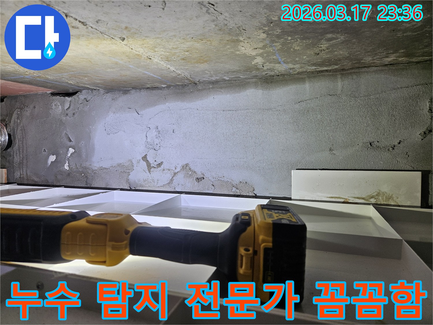 누수 전문 엔지니어가-천장 누수 현장에서-꼼꼼하고 세심하게-탐지 작업을 진행하고 있습니다.