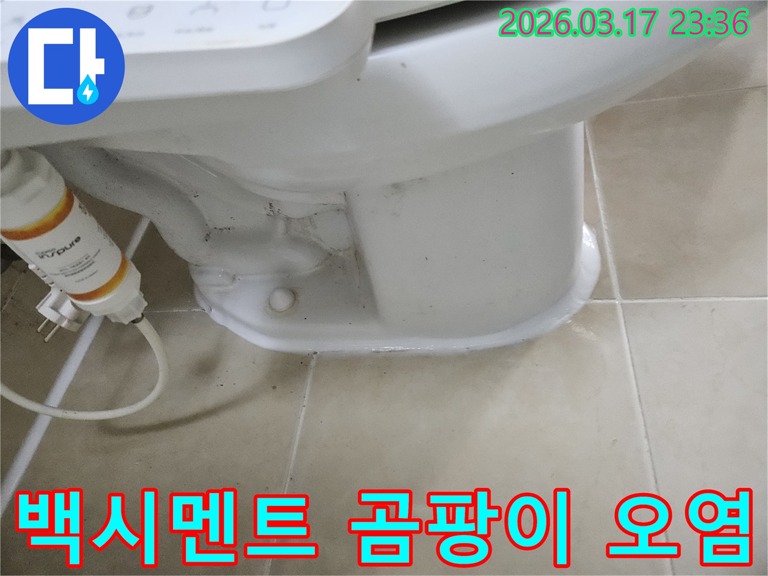 변기 하부 백시멘트에 곰팡이와-오염이 심해 누수 여부를-정밀 진단하는 현장입니다.