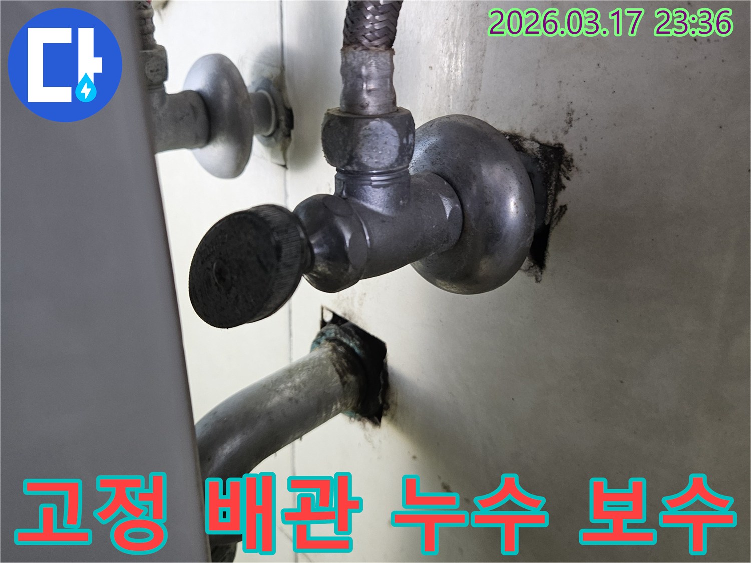 싱크대 하부의 고정 배관-연결 부위에서-물이 새어 나와-주변이 젖고 있는-누수 현장입니다.