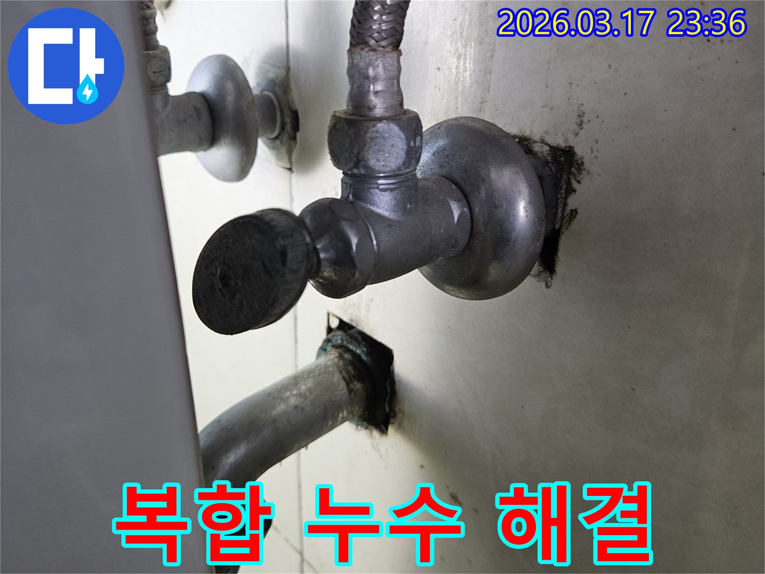 싱크대 하부의-여러 지점에서-동시에 물이 새는-복합 누수 현장입니다.