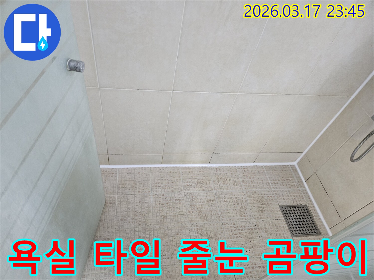 오래된 욕실 타일 벽면과 바닥-줄눈에 곰팡이가 심하게 발생한 상태를 보여주는 현장 사진입니다