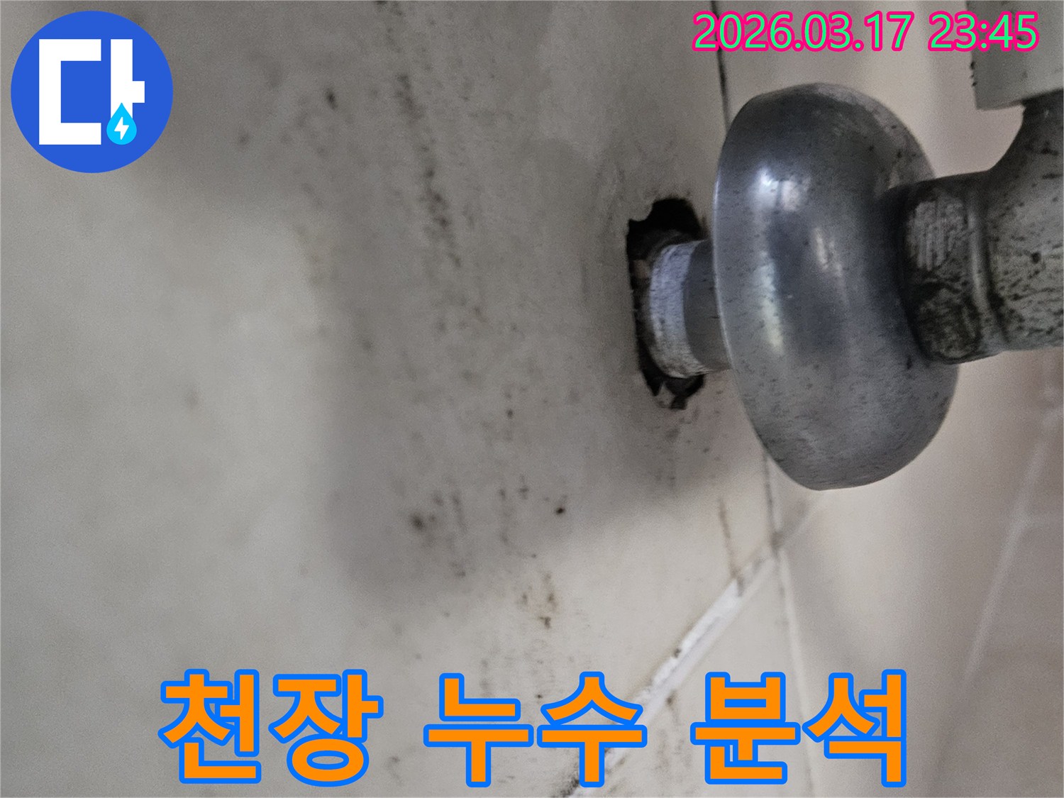 이 사진은 천장 배관 주변의 누수로 인해-곰팡이와 물때가 심하게 생긴 모습을 보여줍니다