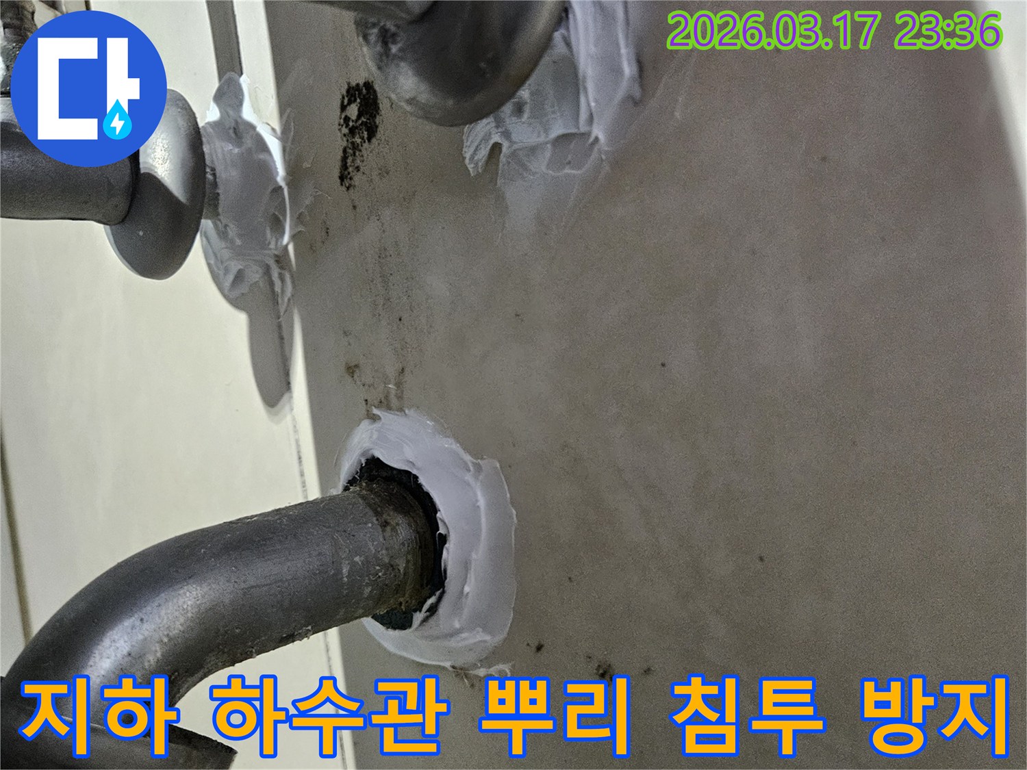 이 이미지는 병점구 빌라 지하 하수관의 뿌리 침투로 인한 누수를-특수 방수 실란트로 꼼꼼하게 밀봉하여 방지하는 과정을 보여줍니다-견고하고 위생적인 보수입니다.