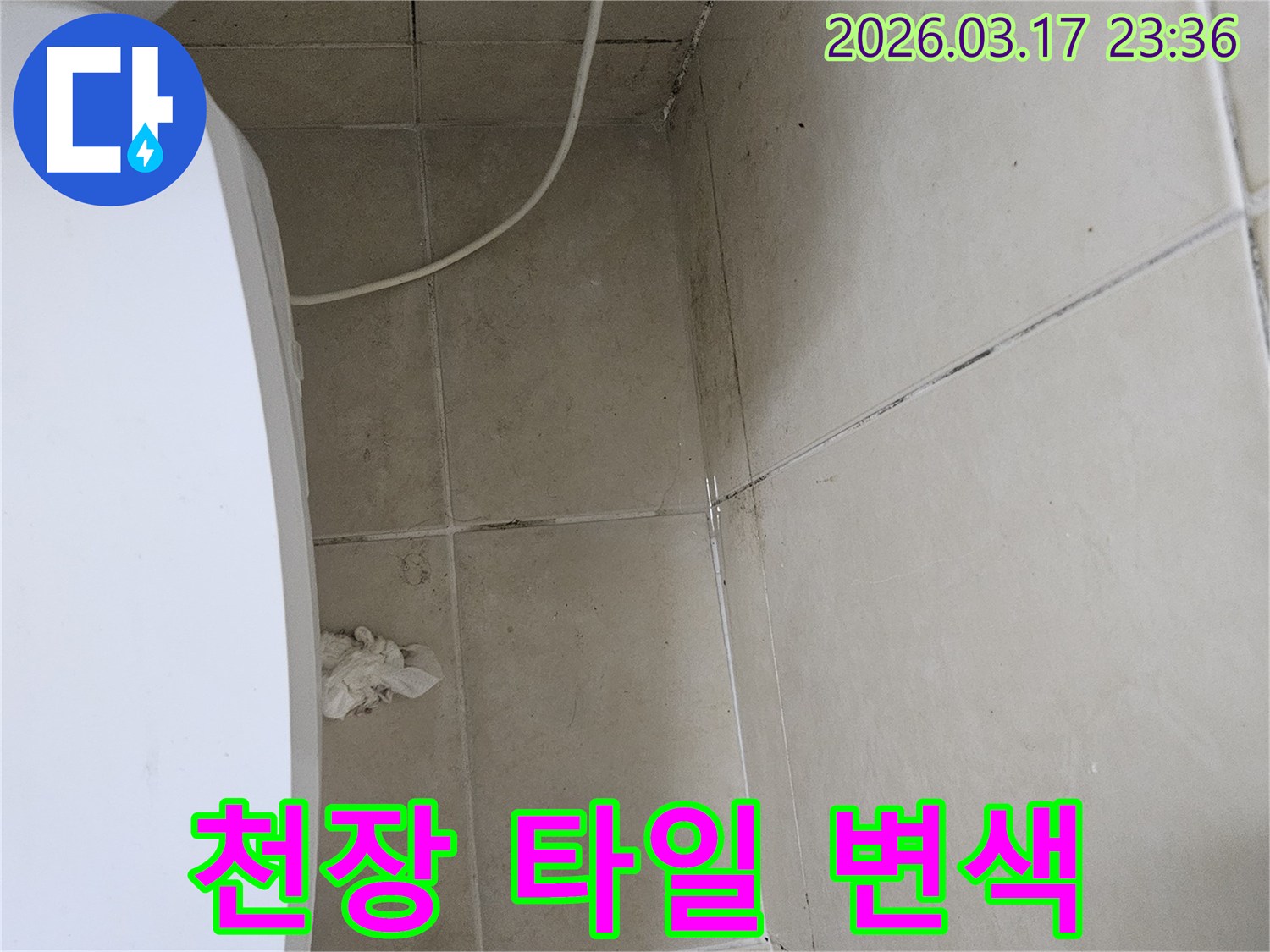 이 이미지는-천장-타일의-변색과-벽면-모서리의-곰팡이를-보여주며-이는-누수로-인한-지속적인-습기-노출과-물자국임을-시사합니다