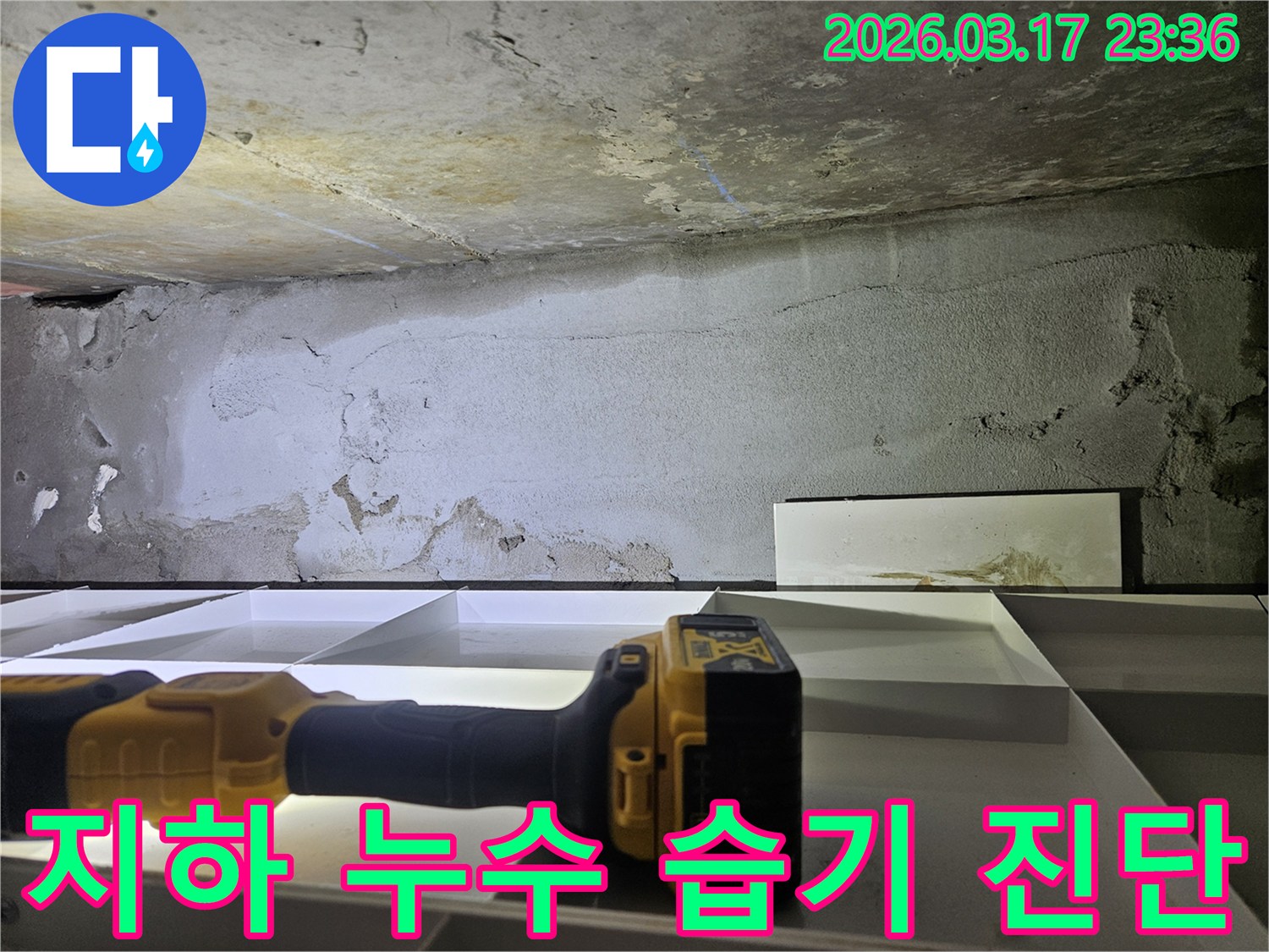 전문 엔지니어가-지하 공간의 젖은 벽면과 천장을-정밀 탐지 장비로 확인하며-습기 및 누수 원인을 분석하고 있습니다.