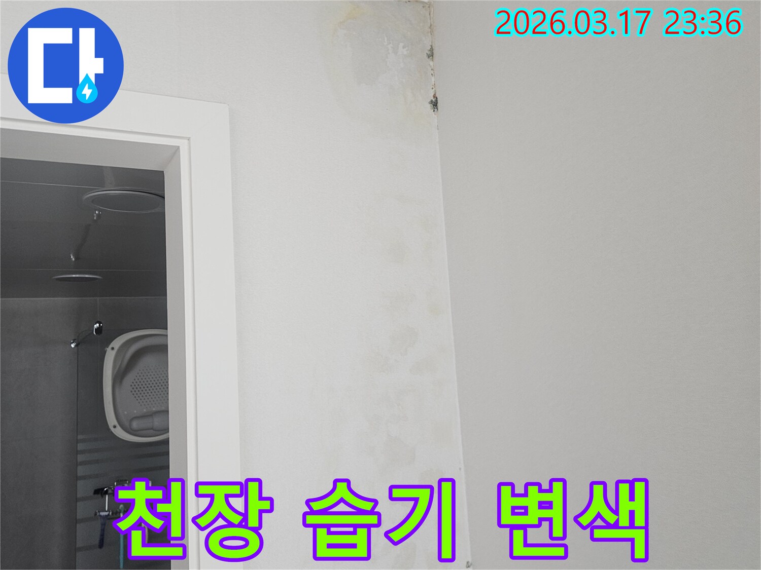 천장-모서리에-나타난-습기와-변색-현상-확인