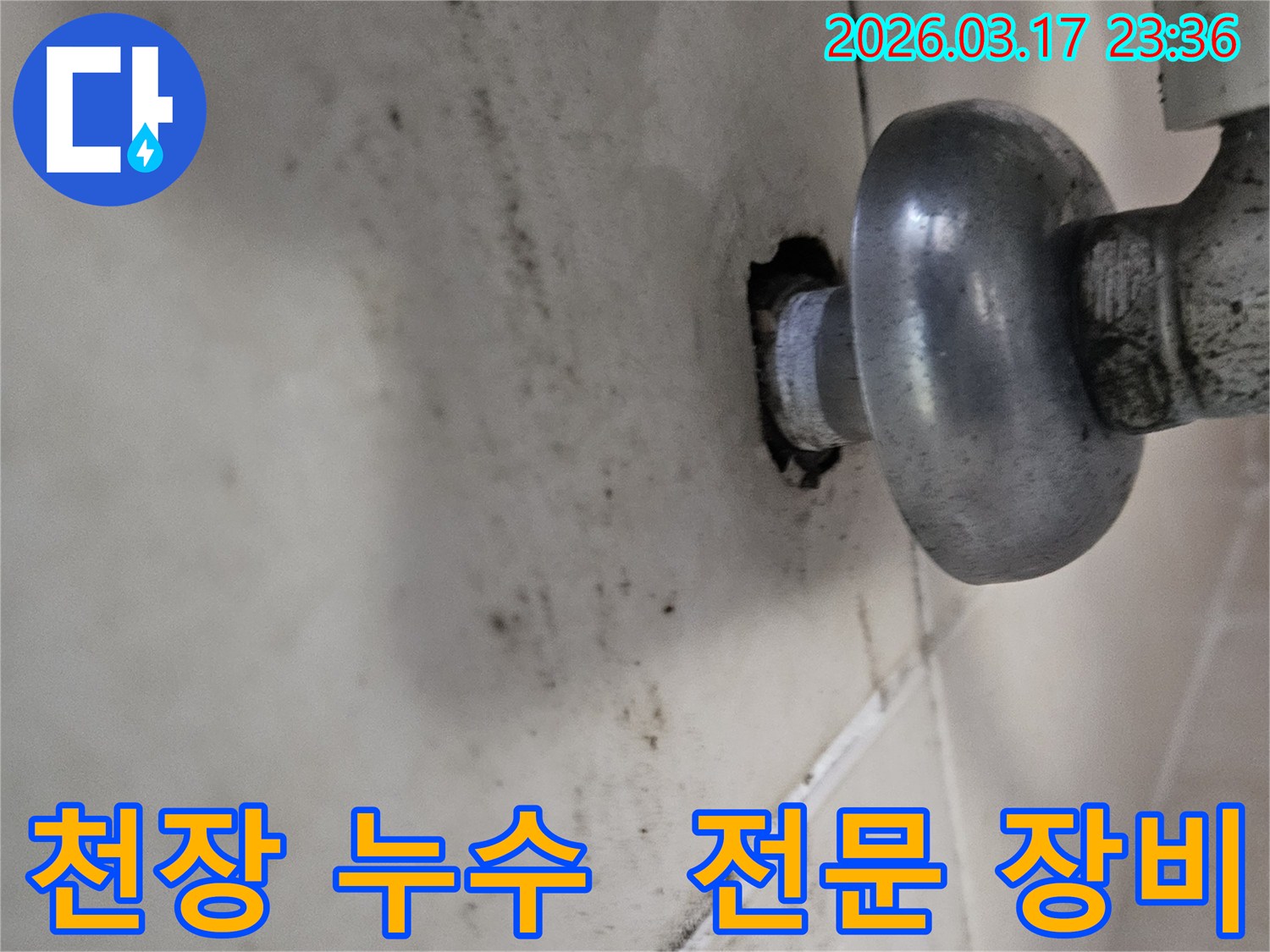 천장-배관에서-발생한-누수로-인해-오염된-벽면과-전문-장비-활용으로-정확도-높은-탐지가-필요한-배관-모습