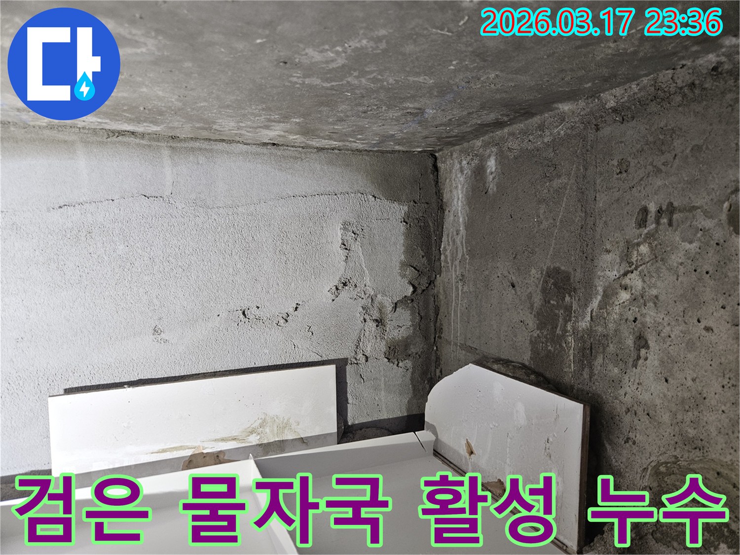 콘크리트 벽면에 선명하게 남은 검고 젖은 물자국-활성 누수가 진행되고 있음을 명확히 보여줍니다.