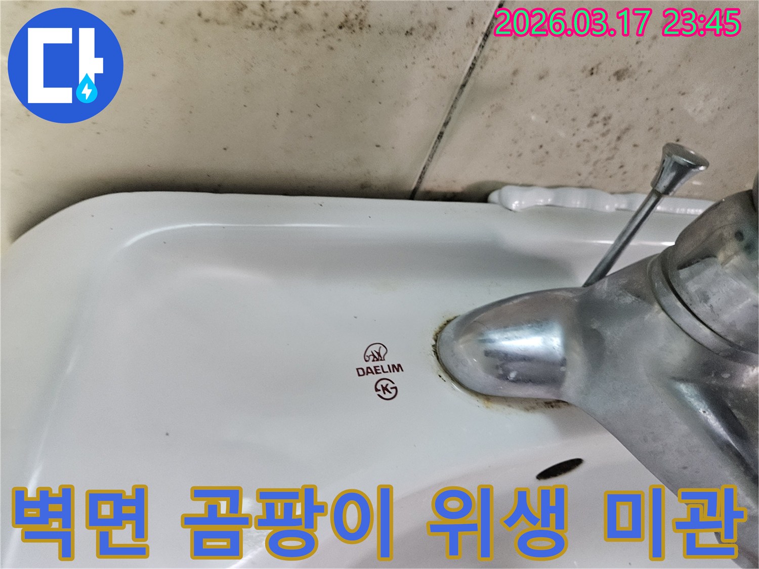 화성 병점 아파트 욕실의 대림 세면대 주변-벽면에 번진 검은 곰팡이가-위생과 미관 개선이 시급한 현장을 보여줍니다.
