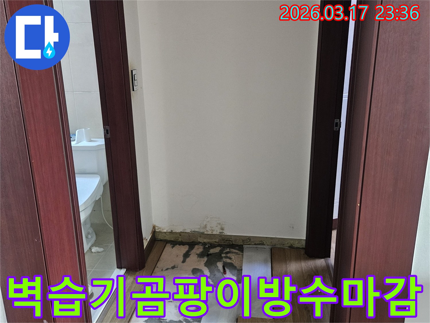 화성시 병점동 빌라 누수 현장에서-벽체 내부 습기와 곰팡이를 제거하고-방수층을 강화한 후 마감하기 위해-벽을 개방한 모습입니다.