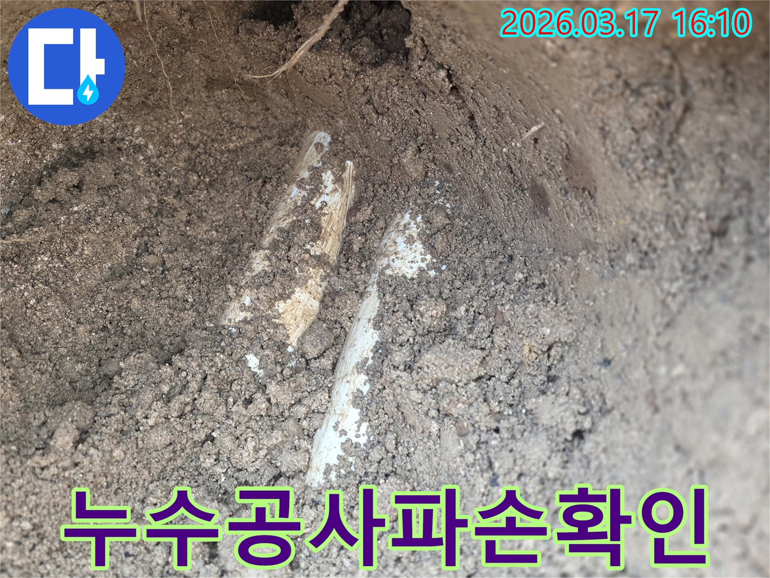 누수 공사를 위해-땅속에 묻힌 배관을-조심스럽게 노출시킨 후-파손 부위를 확인하는 장면입니다.