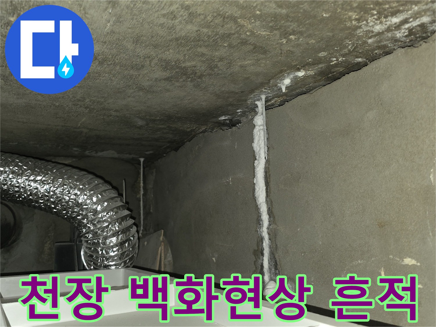 천장 콘크리트-벽면을 따라 발생한 하얀색 백화현상과 누수 자국