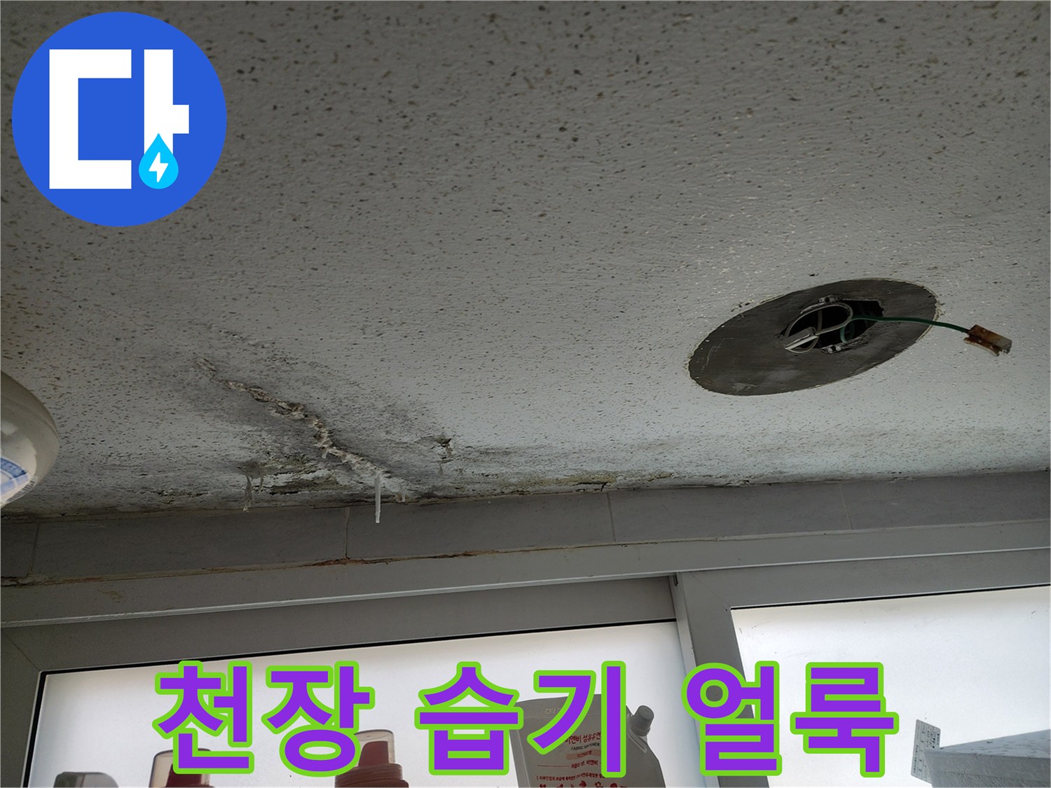 습기로 인해 변색된 천장 마감재와 배선 부위