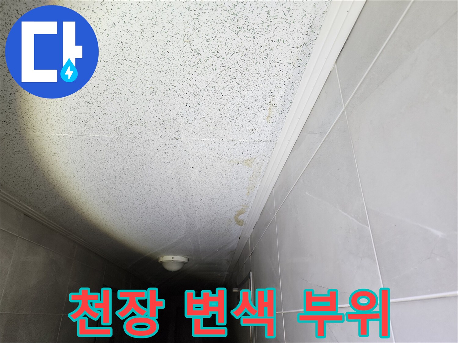 복도 천장재에 나타난 누수 흔적과 습기 침투 흔적