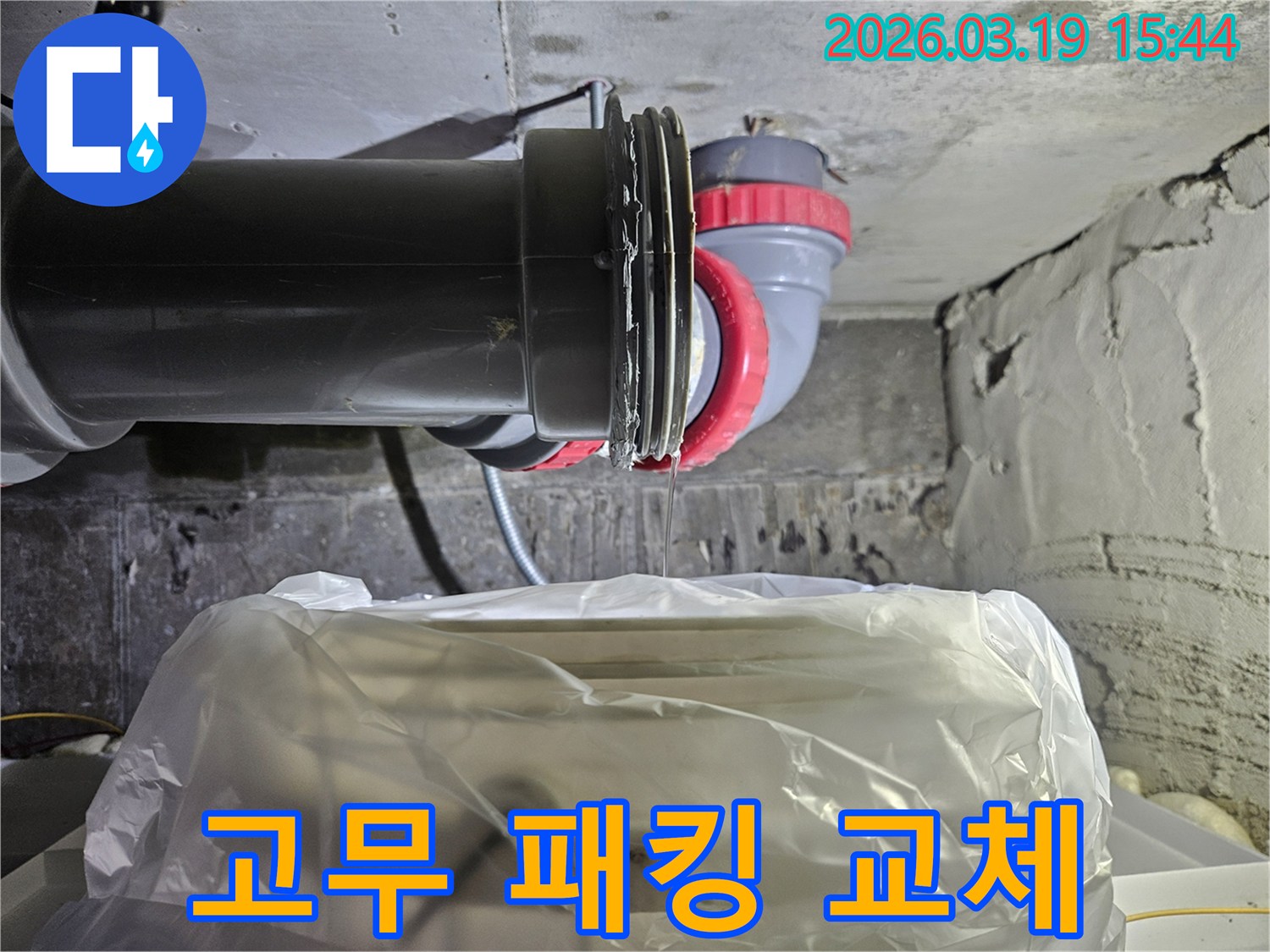 노원구의 누수 현장에서- 배관 연결부의- 노후된 고무 패킹을- 교체하는- 전문가의 모습입니다.