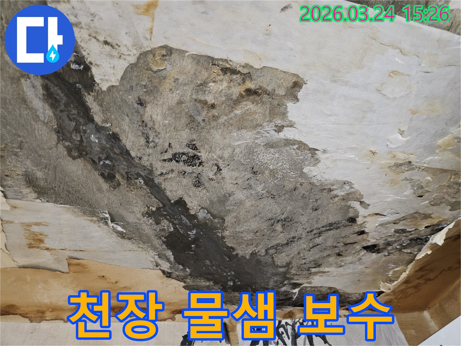 천장에서-물이-새어-벽지가-손상되고-얼룩진-상태로-누수-복구가-필요한-현장입니다