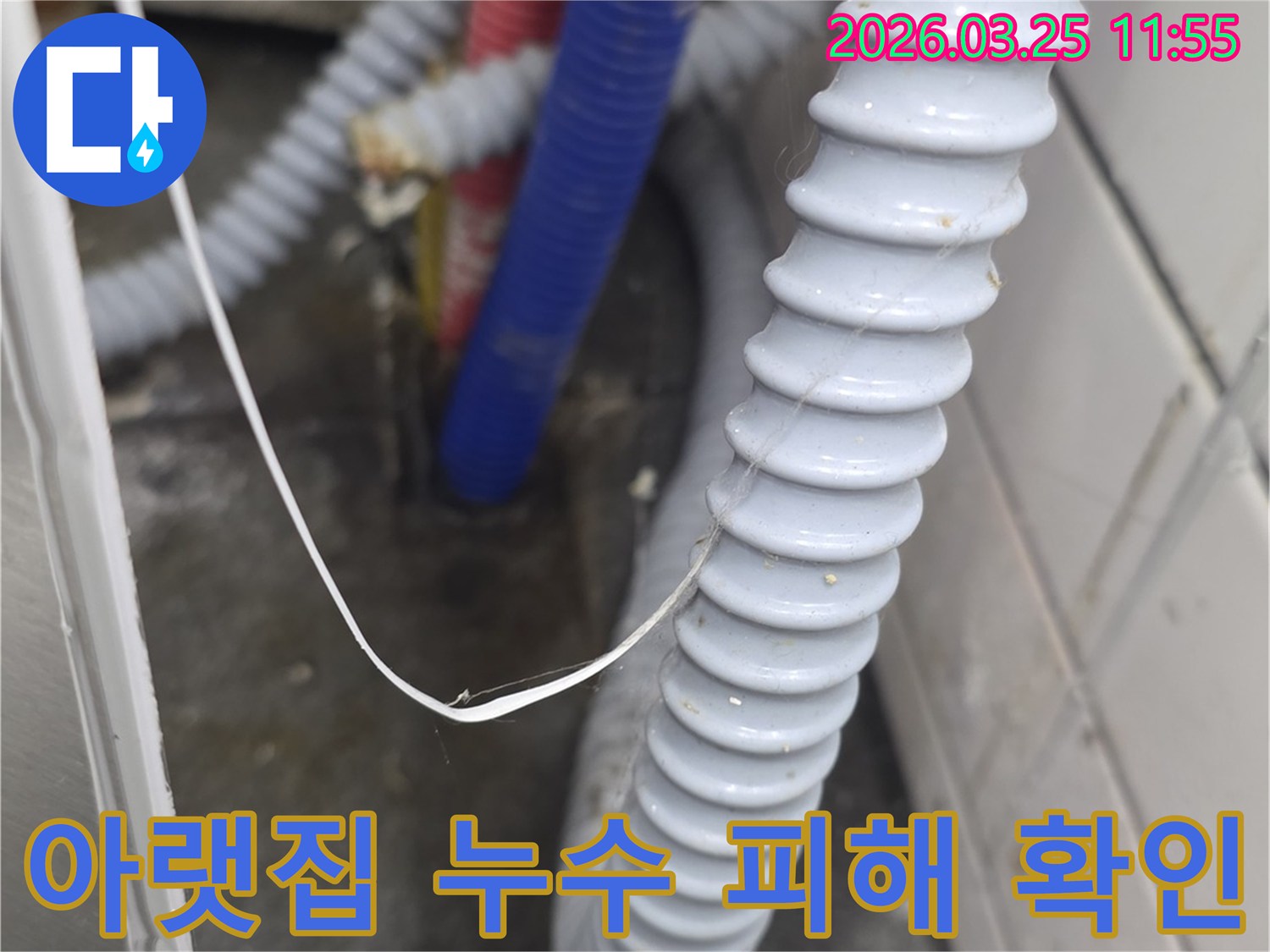 윗집에서 발생한 누수로 인해-아랫집 천장이나 벽면으로-물이 새어 들어와-배관 주변이 젖어 있는 모습
