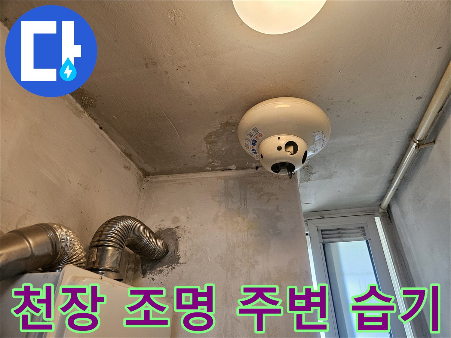 전등 설치 부위 천장면의 젖은 듯한 얼룩과 벽면 오염