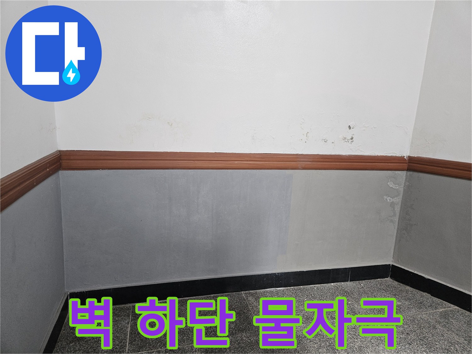 용문면 현장 사진 - 벽체 하단부의 습기 머금은 얼룩 상태