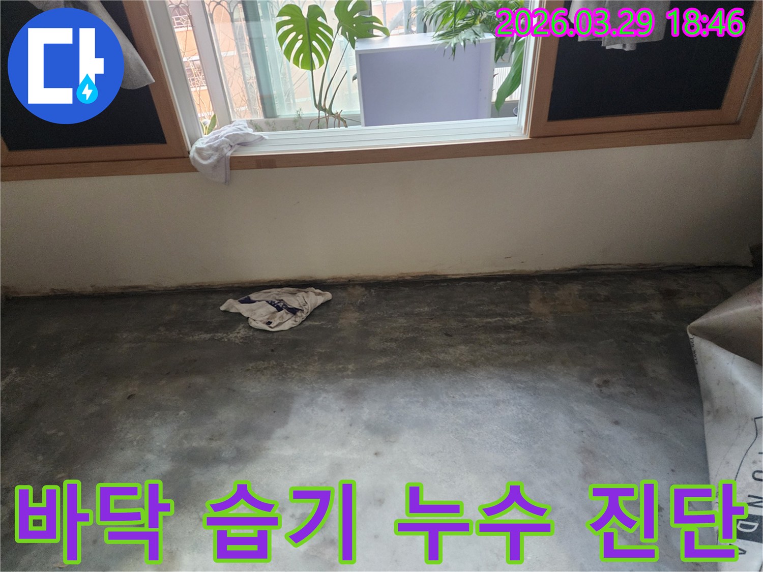 누수 전문 엔지니어가-남양주시 오남읍 아파트에서-바닥에 나타난-습기 현상을-정밀하게 진단하여-누수 원인을-파악하는 모습