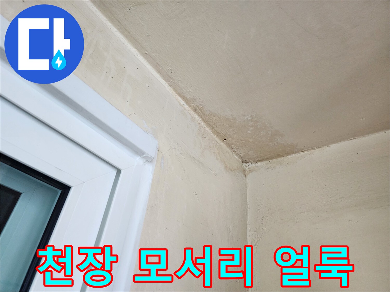 물샘으로 인해 변색된 다용도실 천장과 벽면 경계