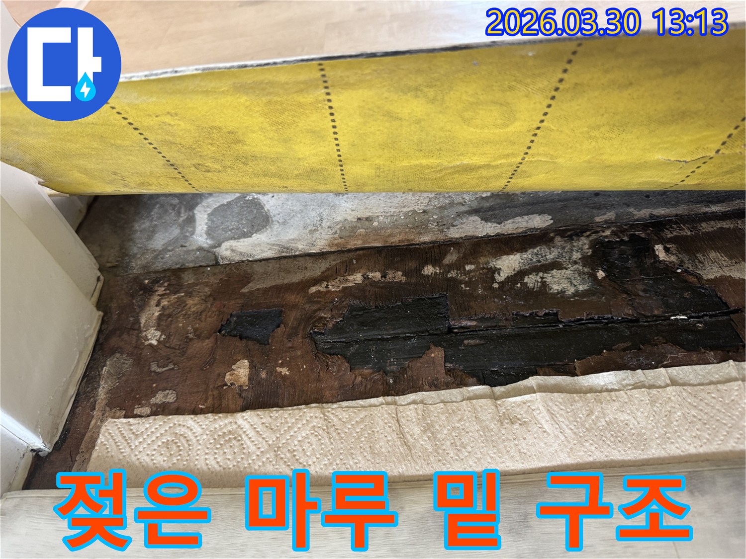 마루를-걷어내자-습기로 인해-젖고-변색된-하부 목재가-드러난-현장 사진입니다