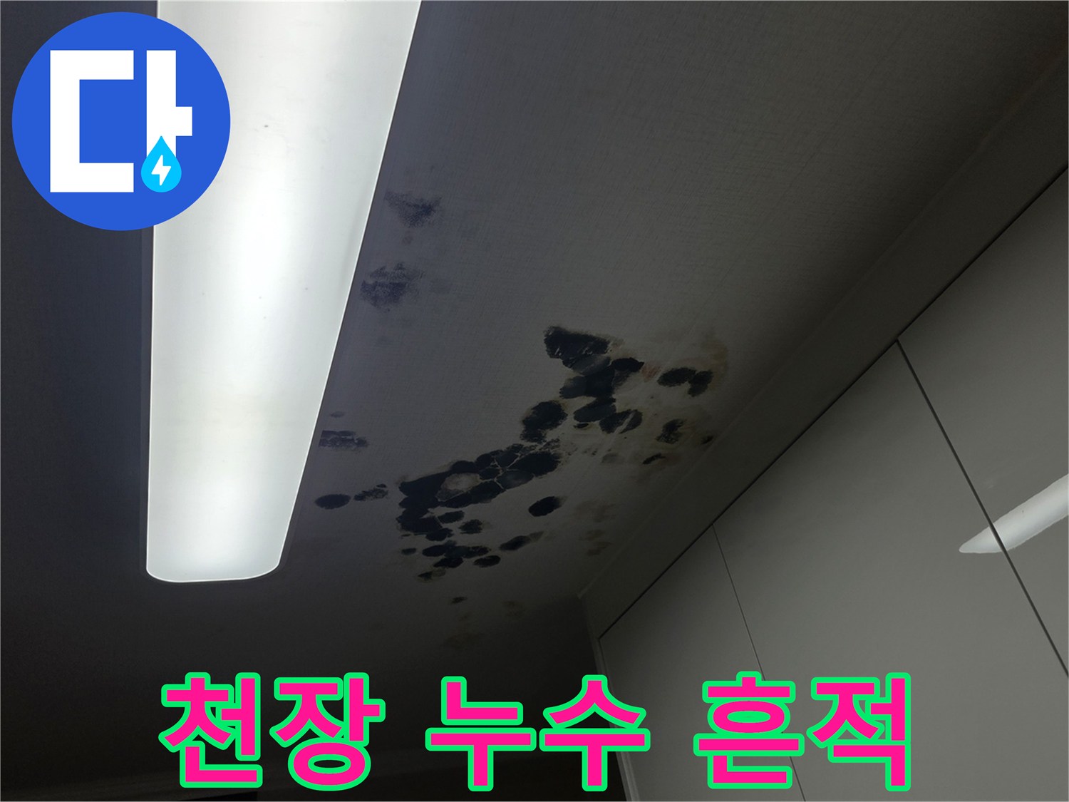 천장 마감재에 나타난 짙은 색의 누수 자국과 습기 침투 현상