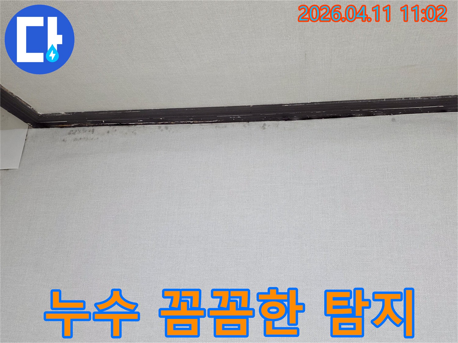 천장과-벽면-경계에-나타난-물자국과-곰팡이-흔적을-보여주는-누수-현장-사진입니다