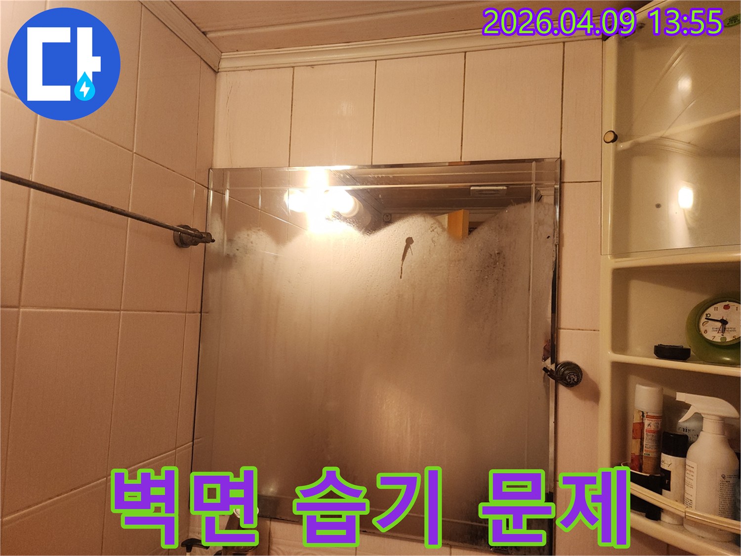 욕실 거울에 서린 김과-벽면의 곰팡이 자국은-오랜 기간 지속된 누수의 증거입니다